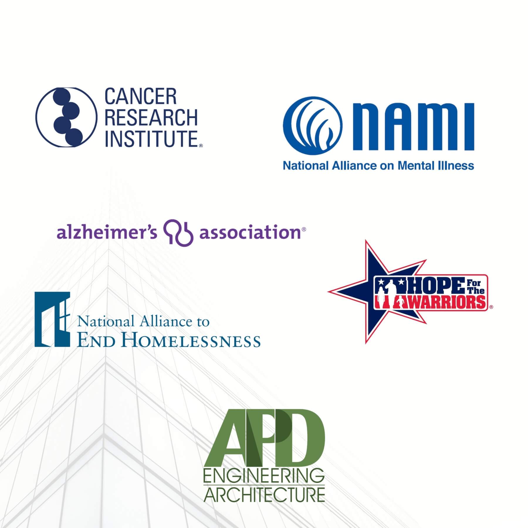 Logos of prominent nonprofit organizations including Cancer Research Institute and NAMI, showcasing partnerships.