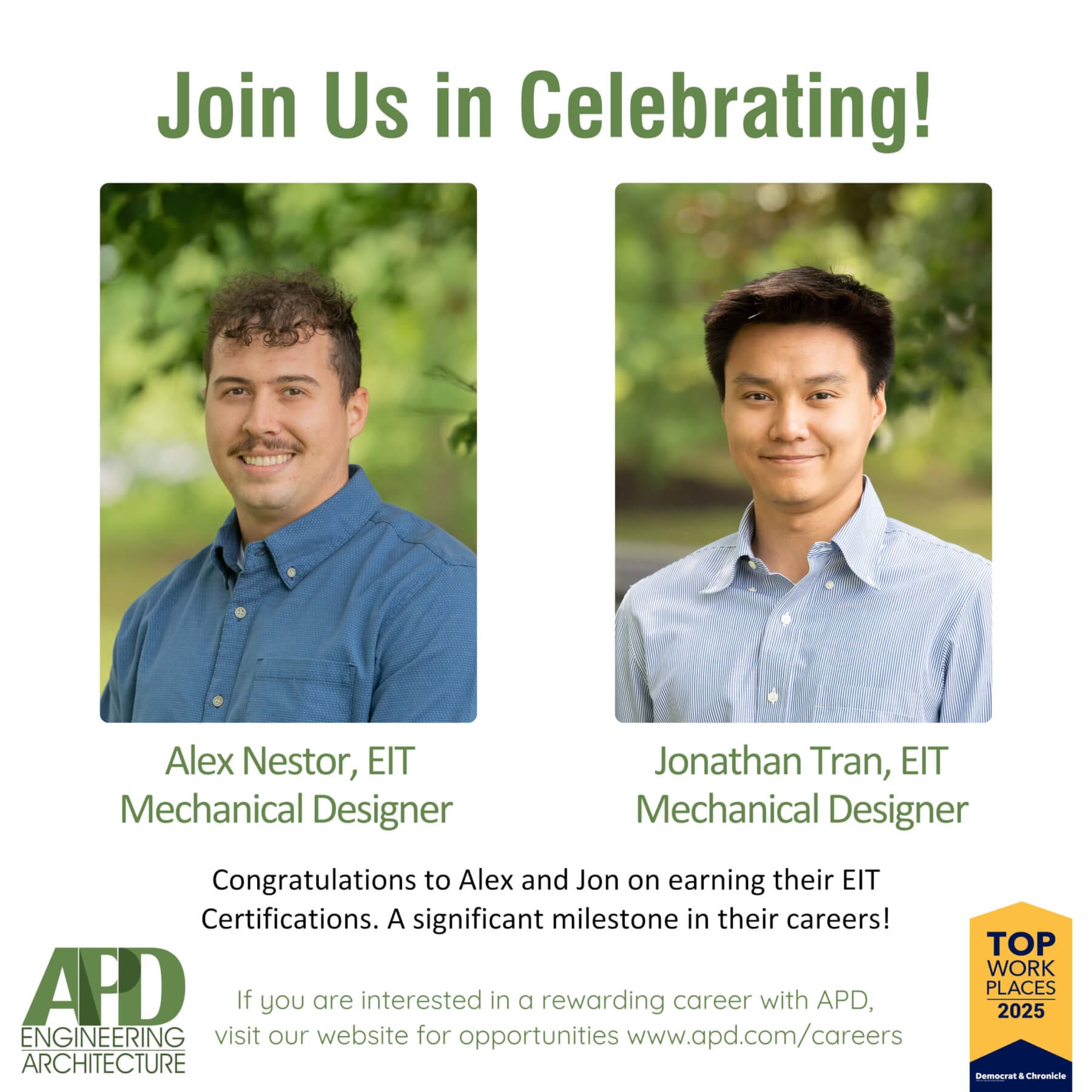 Celebrate Alex and Jon's EIT milestone at APD Engineering; join the team for career opportunities.