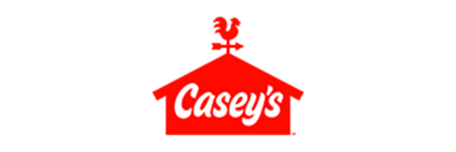 Casey's logo featuring a red barn with a rooster weathervane.