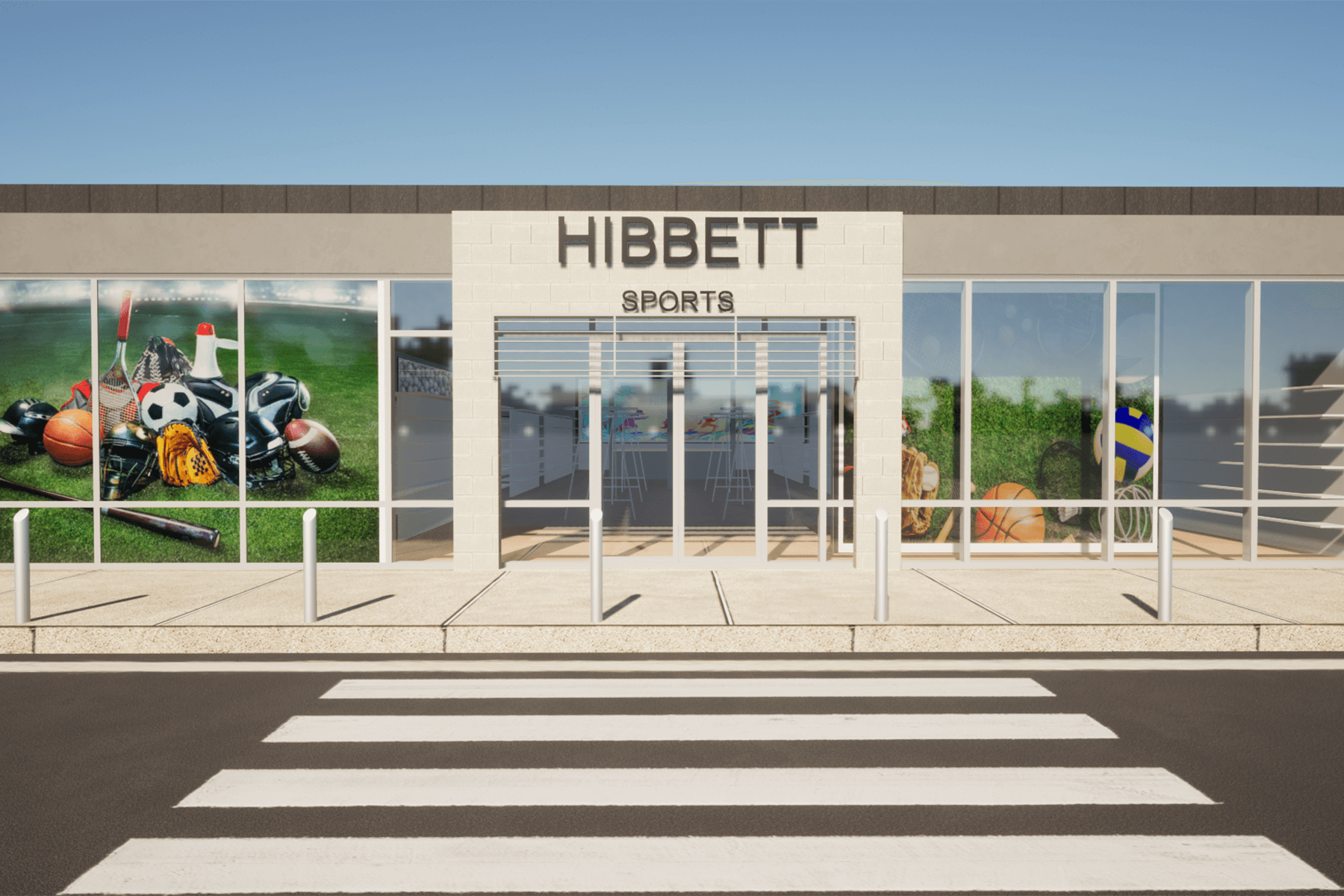 Hibbett Sports storefront showcasing diverse sports gear under bright blue skies.
