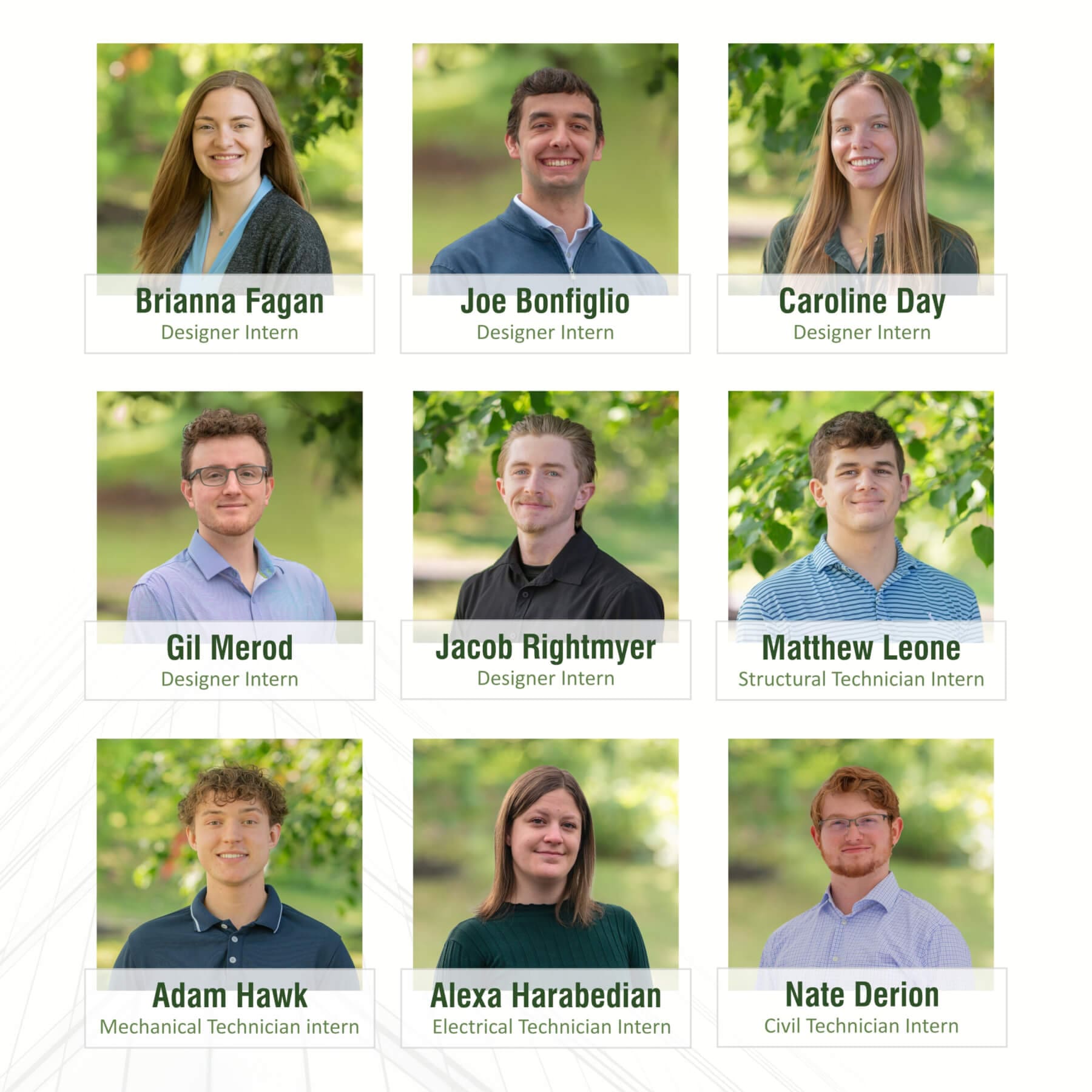 Intern group portraits for various design and technician roles, showcasing diverse talent.
