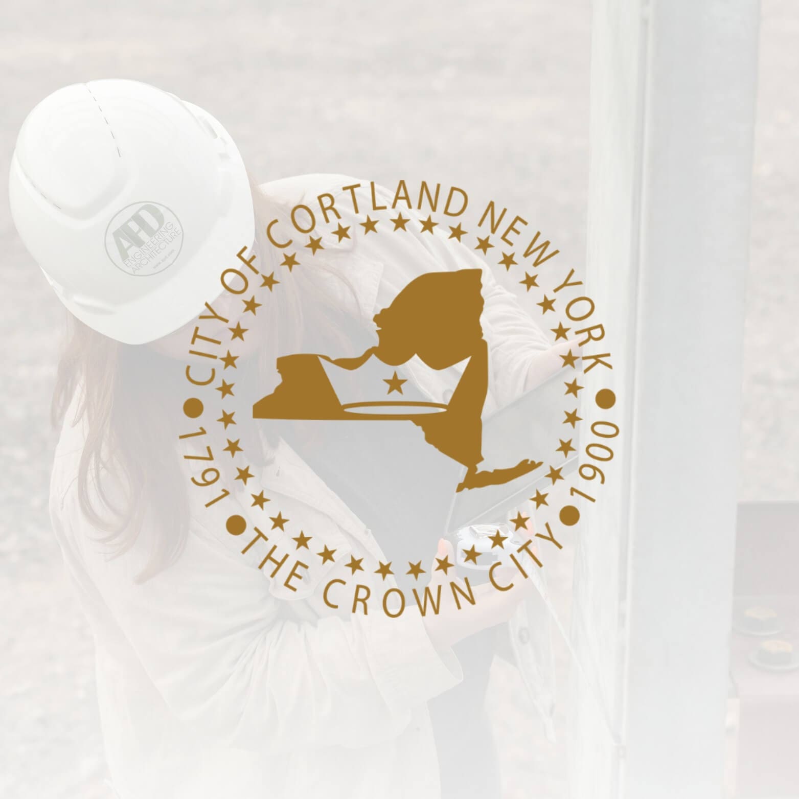 City of Cortland NY logo overlay on construction worker in hard hat, representing local industry.