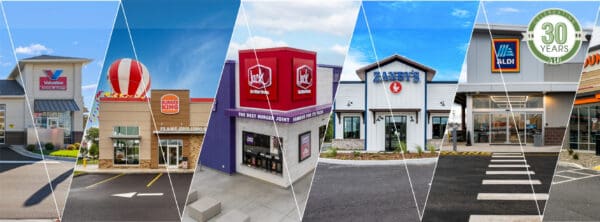 Various brand storefronts collage celebrating 30 years, featuring Valvoline, Burger King, Jack in the Box, Zaxby's, and Aldi.