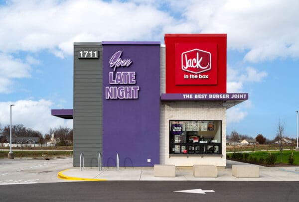 Drive-thru of Jack in the Box, open late night for burgers.