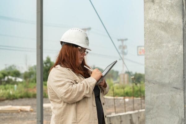 Construction site manager taking notes on tablet with hard hat.