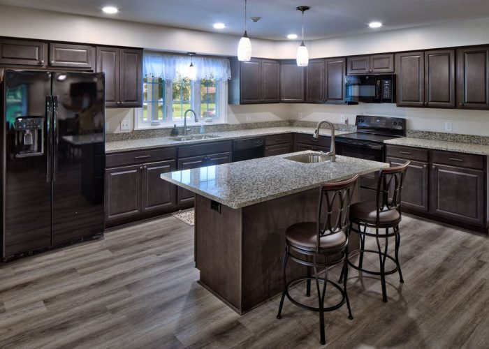 Modern kitchen with dark cabinets, granite countertops, and island seating, enhancing home design aesthetics.