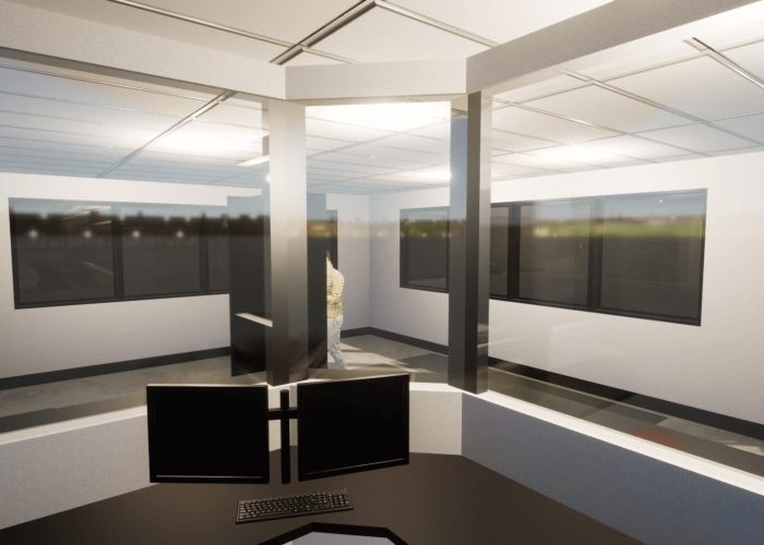 Modern control room with large windows and multiple monitors, designed for effective facility management.