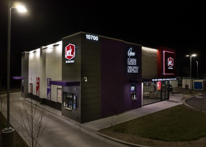 Jack in the Box drive-thru at night, highlighting late-night dining.