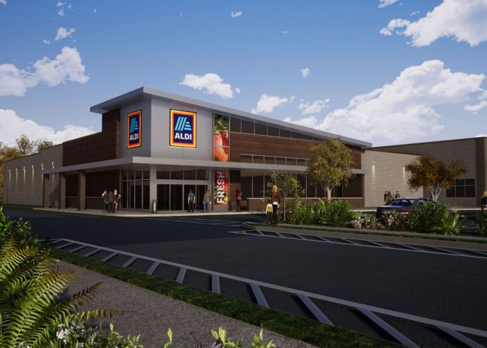 Exterior view of ALDI store with new facade design on a sunny day.