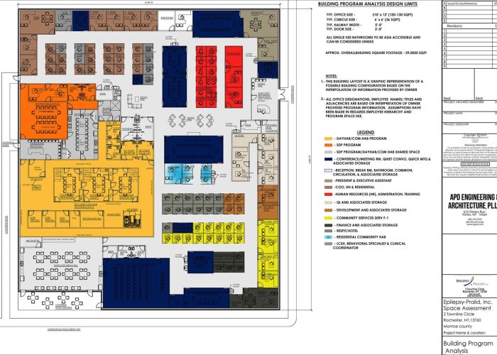 Office space layout by APD Engineering, highlighting program areas with color-coded sections for optimized workspace planning.