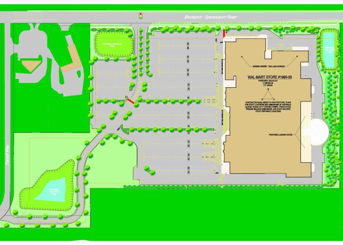 Site plan for proposed Walmart store featuring parking, landscaping, and building layout.