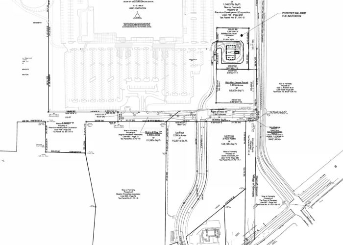 Site plan for proposed Walmart development in Geneseo, showcasing layout, parking, and fueling station details.