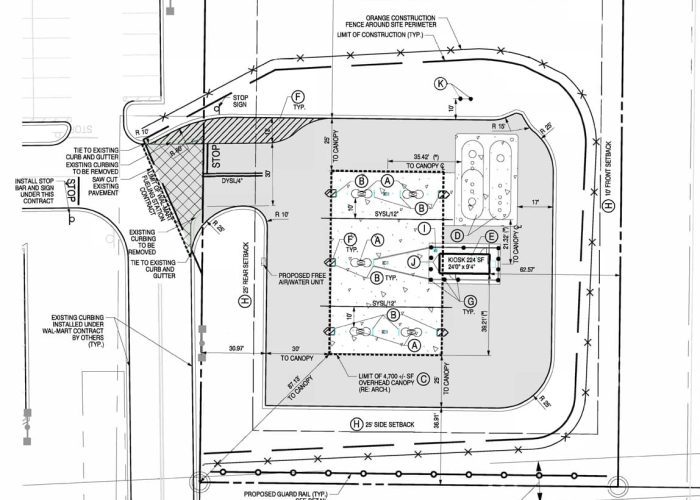 Site layout blueprint for a construction project, showing detailed measurements and placement of key structures.