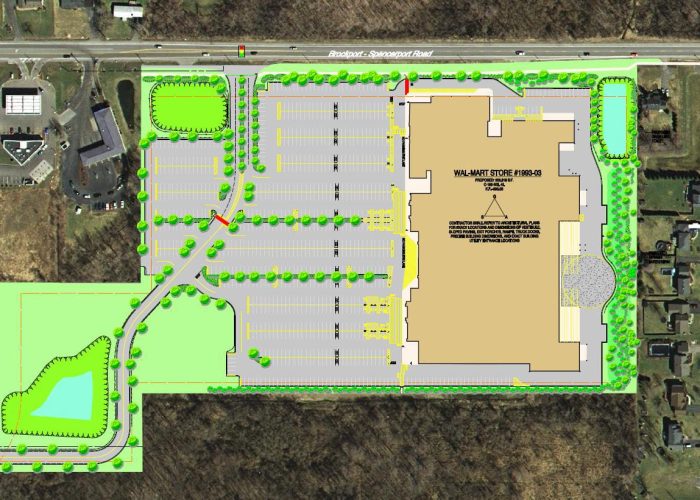 Site plan for proposed Walmart store layout with surrounding parking and landscaping on Brockport Spencerport Road.
