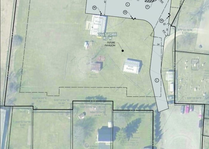 Proposed site plan for new fire hall and pavilion with parking layout on York Road West.