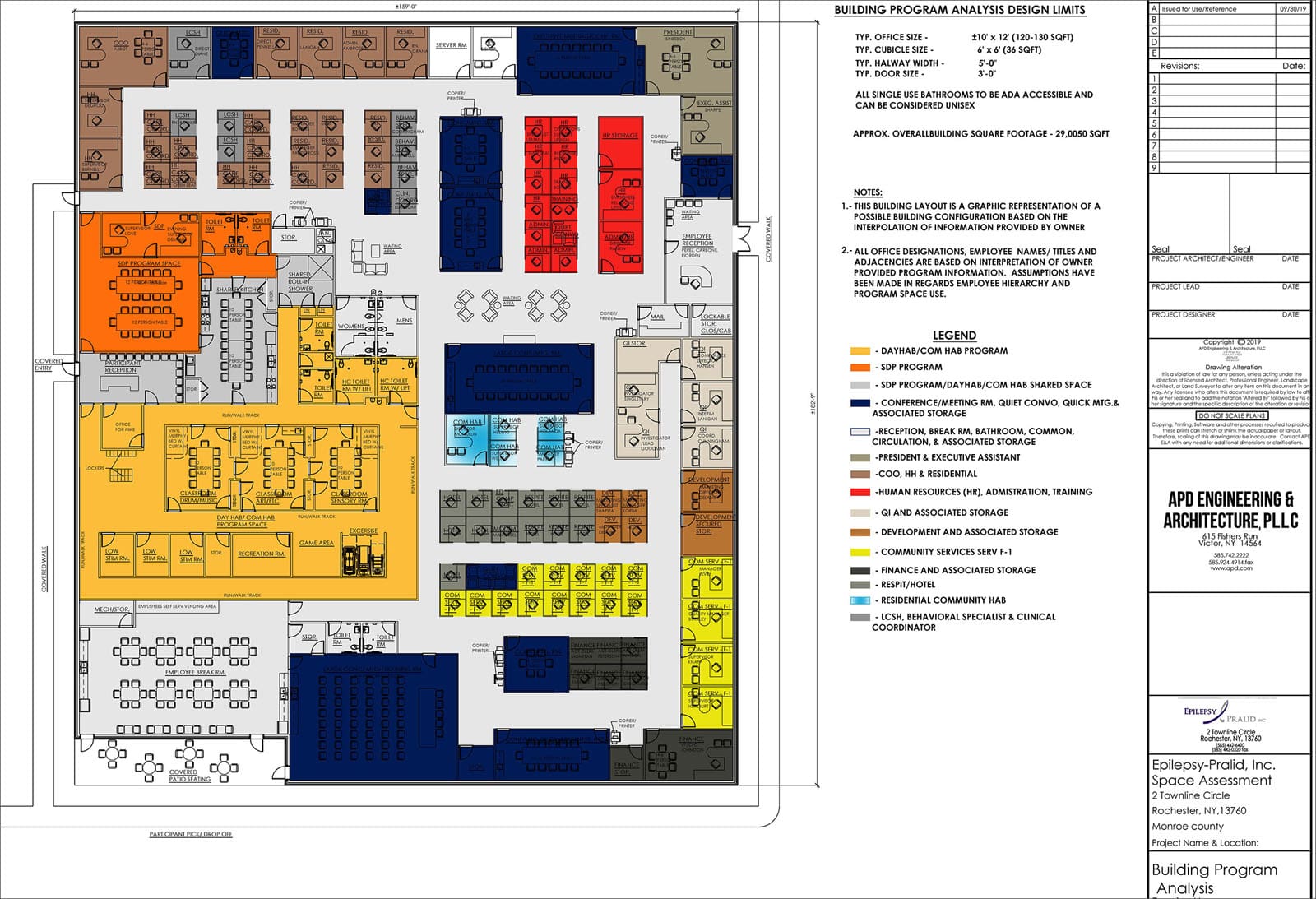 Office layout design plan with labeled sections for various departments by APD Engineering & Architecture.