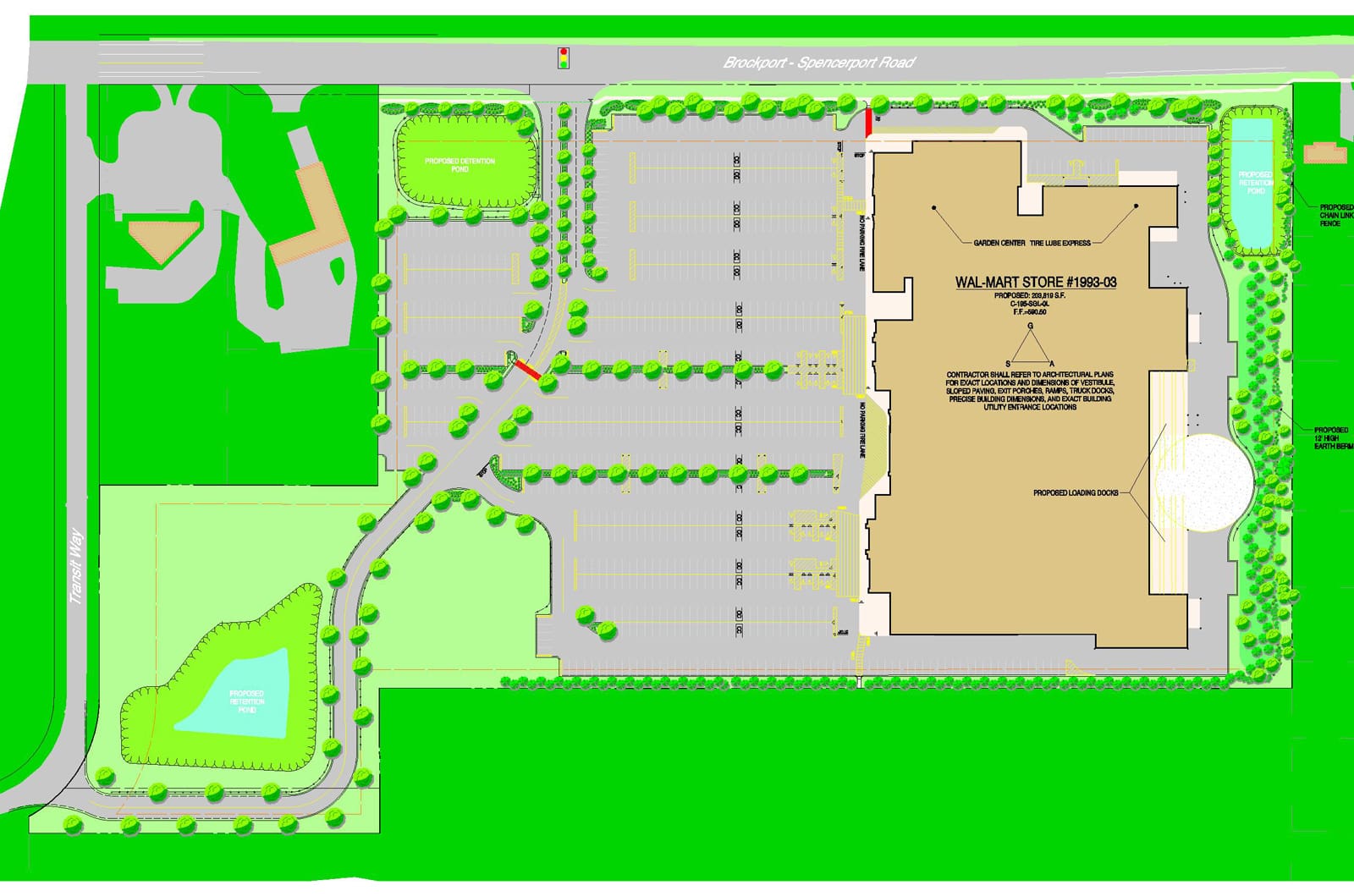 Proposed layout of a future Walmart store #1993-03 with parking and landscaping plans on Brockport-Spencerport Rd.