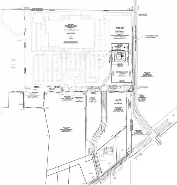 Site plan for proposed Walmart Supercenter in Geneseo, showcasing store layout, parking, and fueling station.