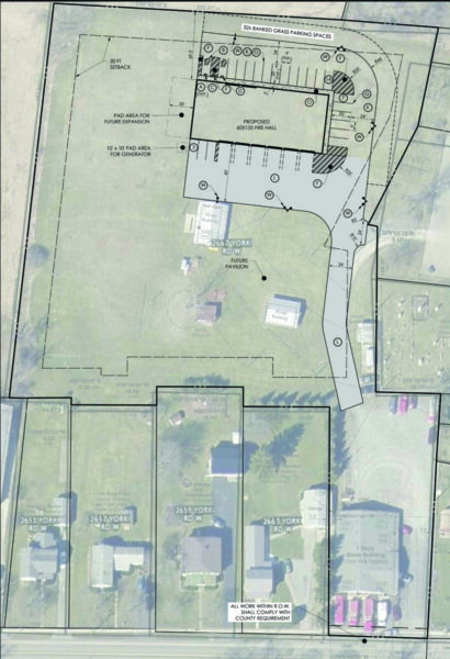 Site plan showing proposed fire hall layout and future expansion areas at York Rd W property.