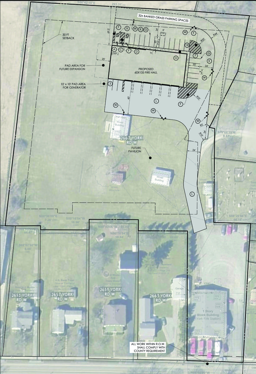 Site plan showing proposed fire hall layout and future expansion areas at York Rd W property.